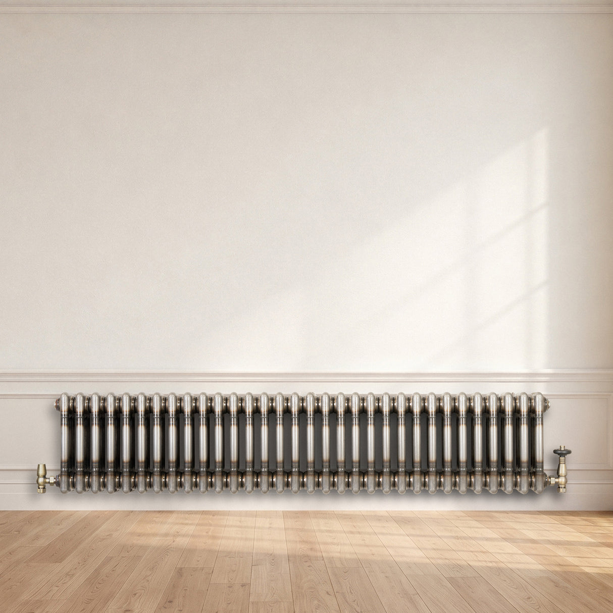 Traditionell 3-kolumnsradiator med ventiler – 300 x 1460 mm – Råmetall