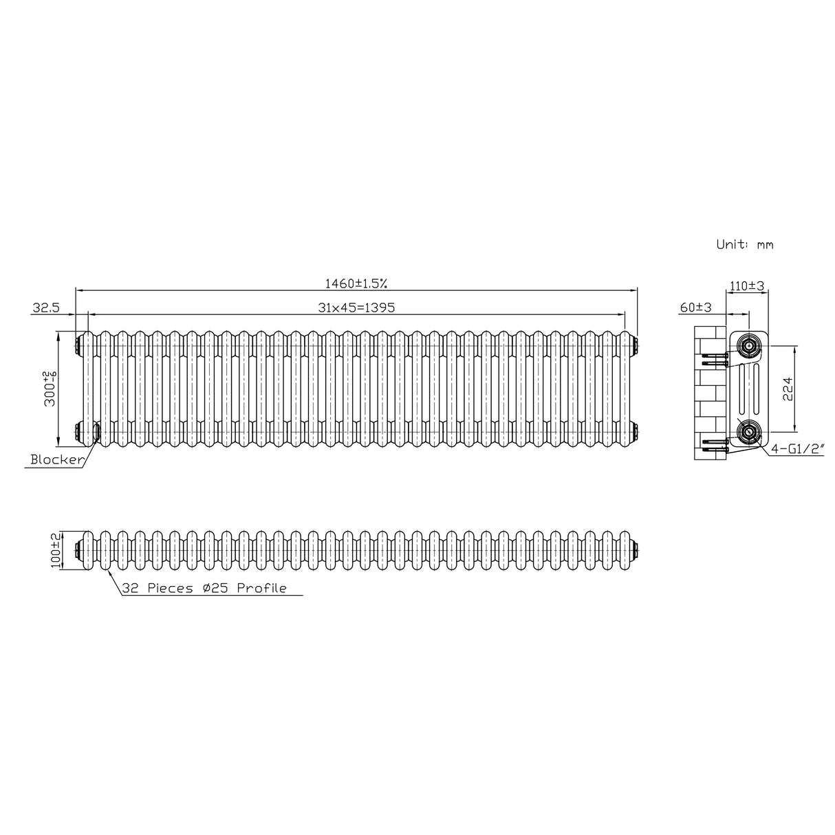 Traditionell 3-kolumnsradiator med ventiler – 300 x 1460 mm – Råmetall