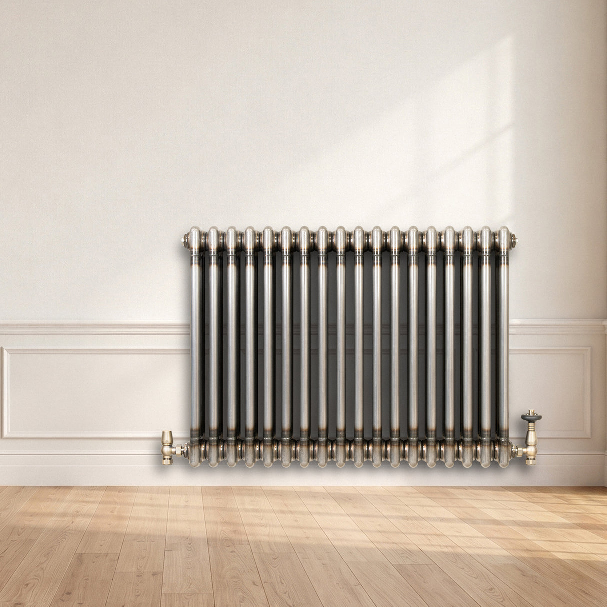 Traditionell 3-kolumnsradiator med ventiler – 600 x 830 mm – Råmetall