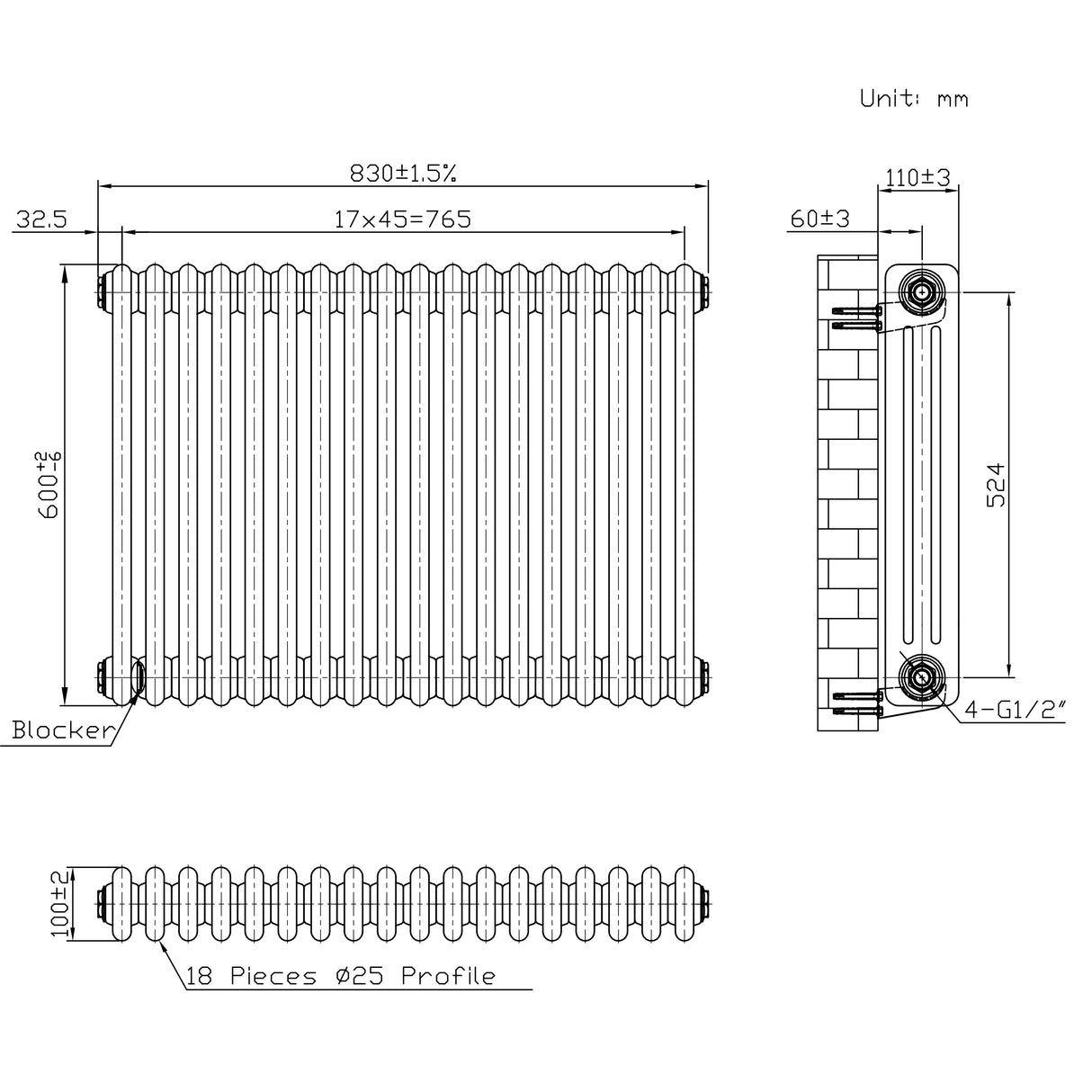 Traditionell 3-kolumnsradiator med ventiler – 600 x 830 mm – Råmetall