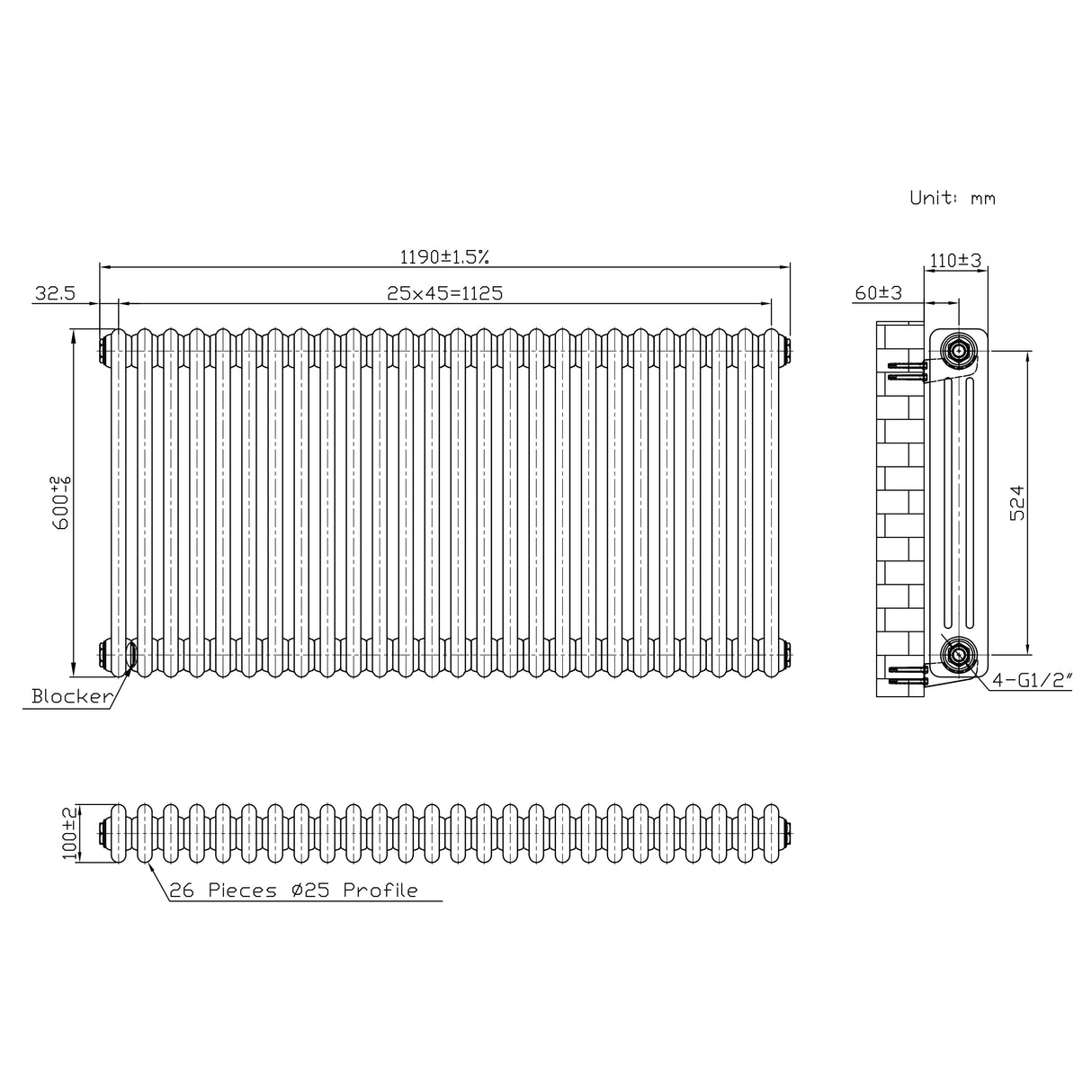 Traditionell 3-kolumnsradiator med ventiler – 600 x 1190 mm – Råmetall