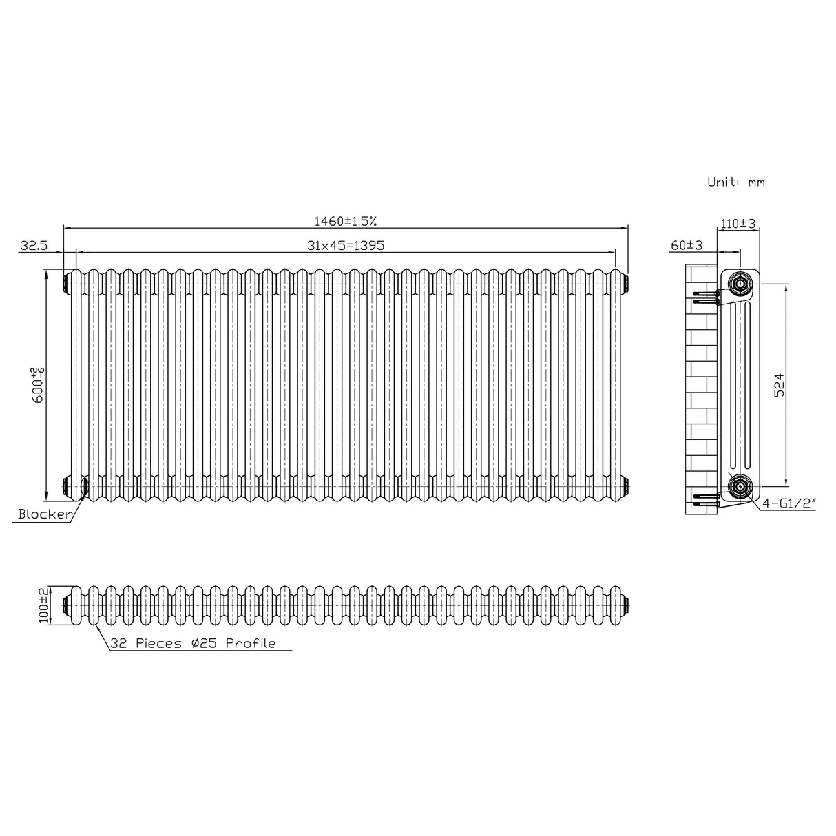 Traditionell 3-kolumnsradiator med ventiler – 600 x 1460 mm – Råmetall