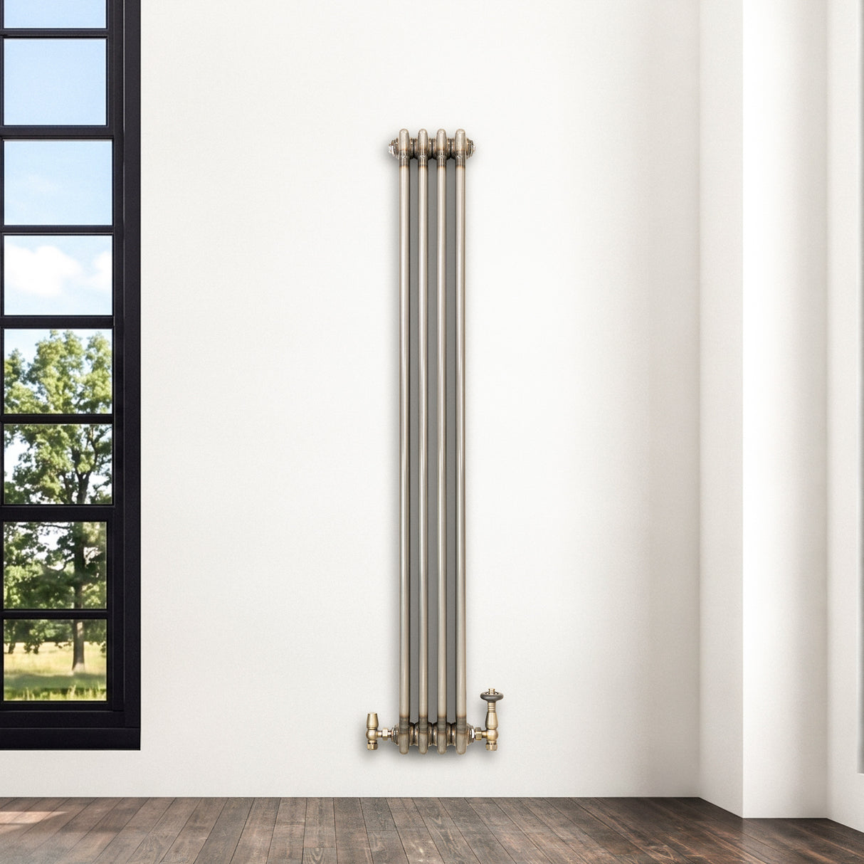 Traditionell 3-kolumnsradiator med ventiler – 1500 x 200 mm – Råmetall