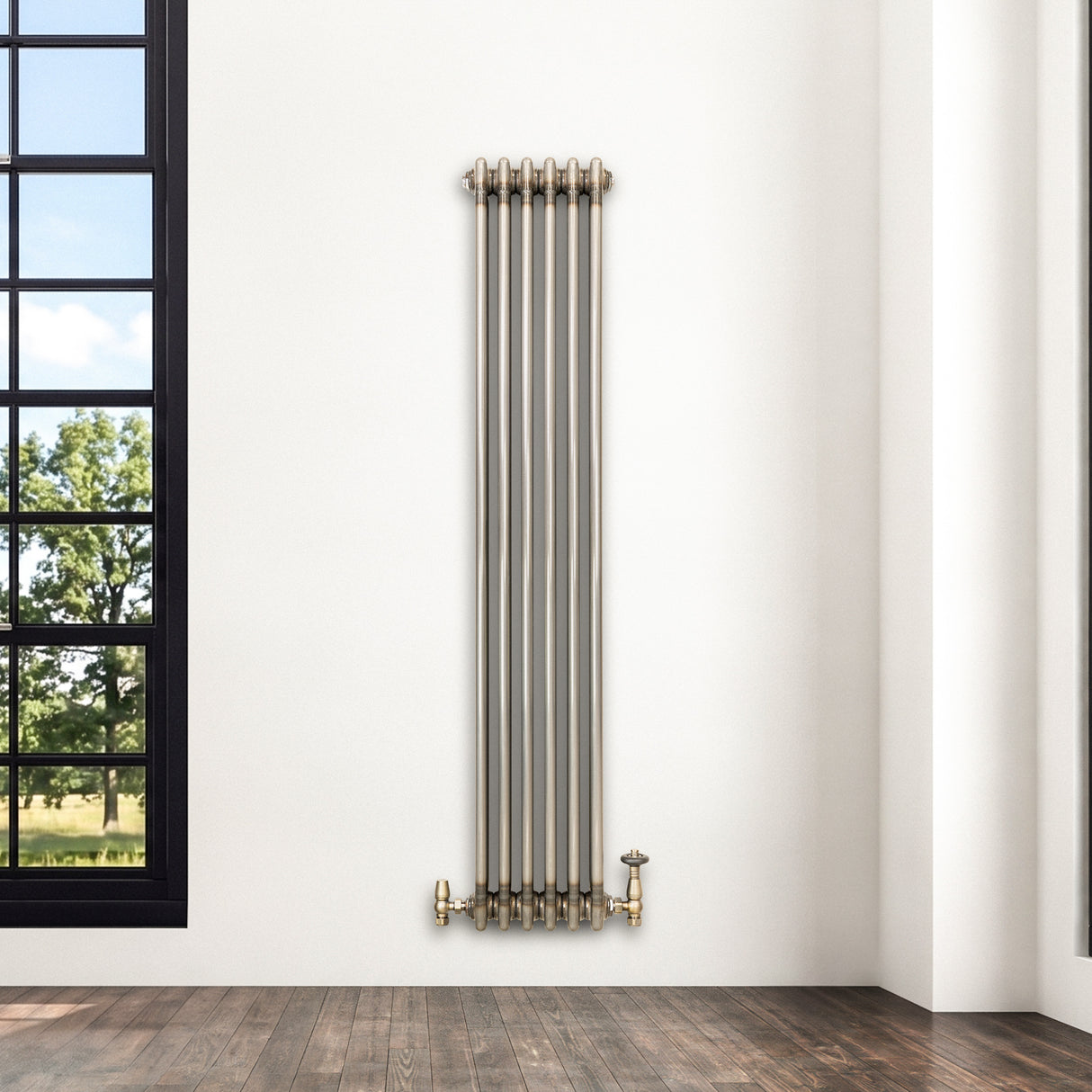 Traditionell 3-kolumnsradiator med ventiler – 1500 x 290 mm – Råmetall