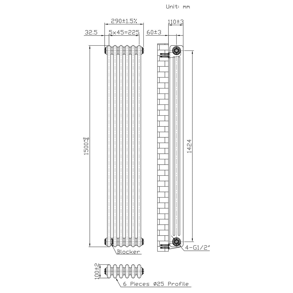 Traditionell 3-kolumnsradiator med ventiler – 1500 x 290 mm – Råmetall