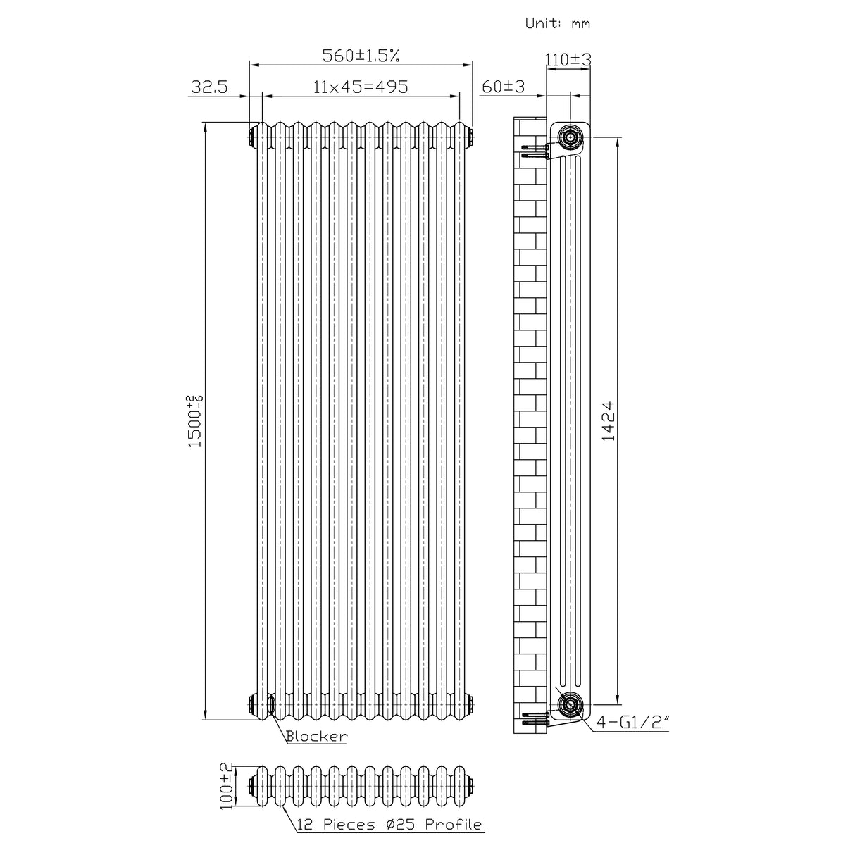 Traditionell 3-kolumnsradiator med ventiler – 1500 x 560 mm – Råmetall
