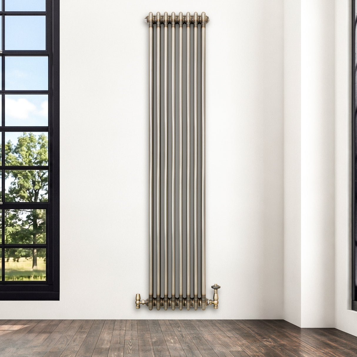 Traditionell 3-kolumnsradiator med ventiler – 1800 x 380 mm – Råmetall