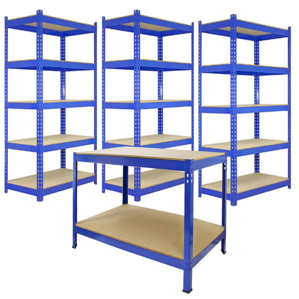 3 x 90cm Q-Rax Blå Metallhyllor & Arbetsbänk