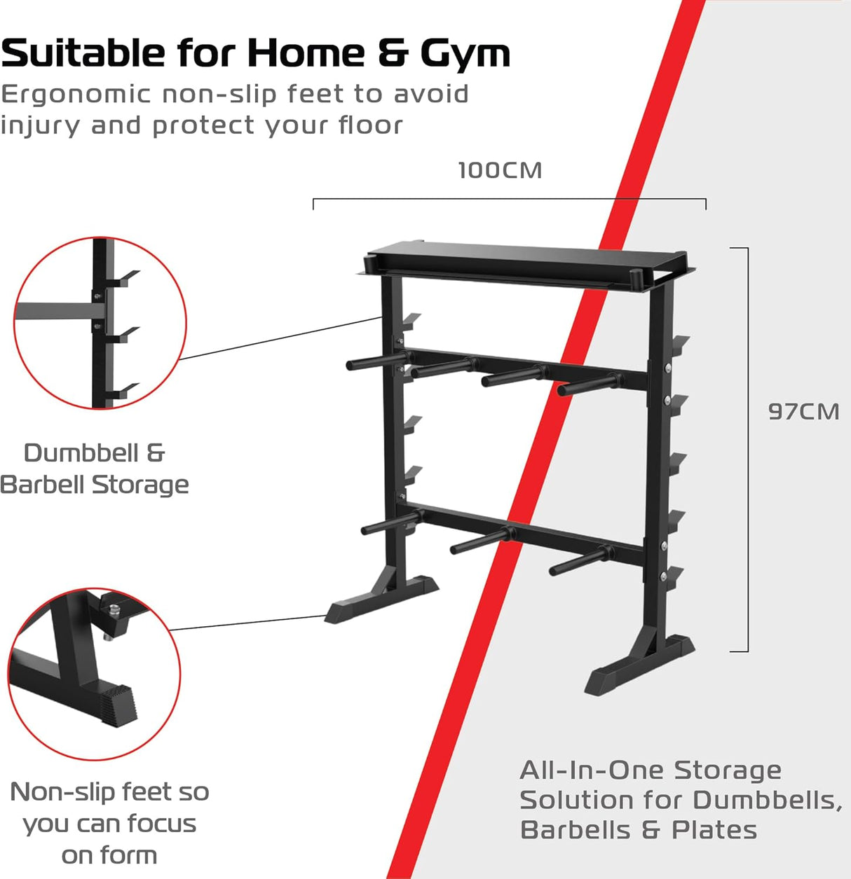 Tungt A-Ram hantelställ i svart metall med fyra hyllor för hantlar och skivstänger, ergonomisk design för säker förvaring