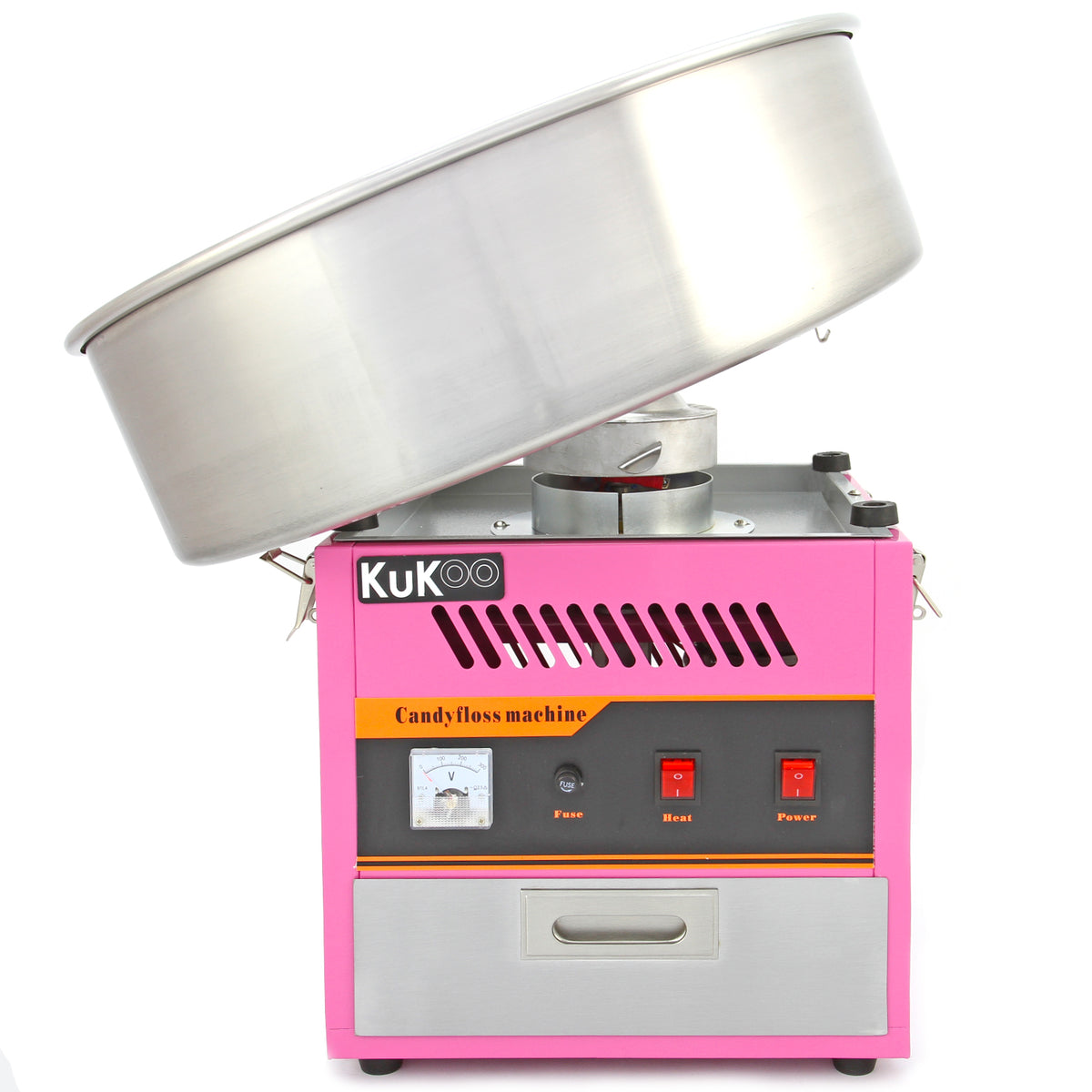 KuKoo sockervaddsmaskin i rosa och silver, med en stor, rund skål och kontroller för värme och ström, perfekt för festligheter
