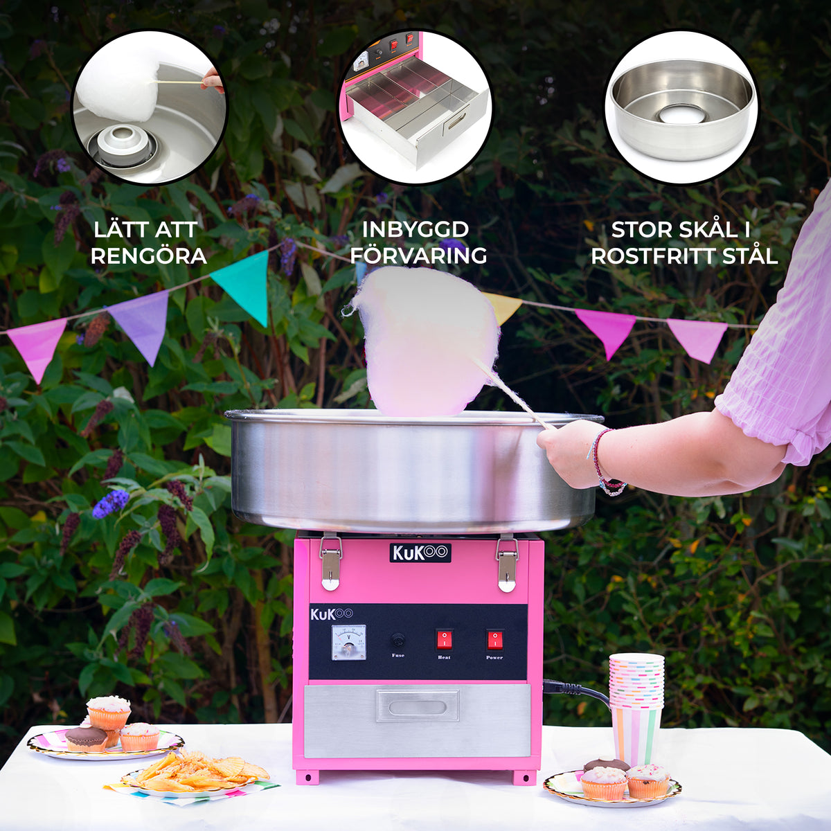 KuKoo sockervaddsmaskin i rosa med rostfri skål, enkel att rengöra, perfekt för att göra fluffig sockervadd på fester