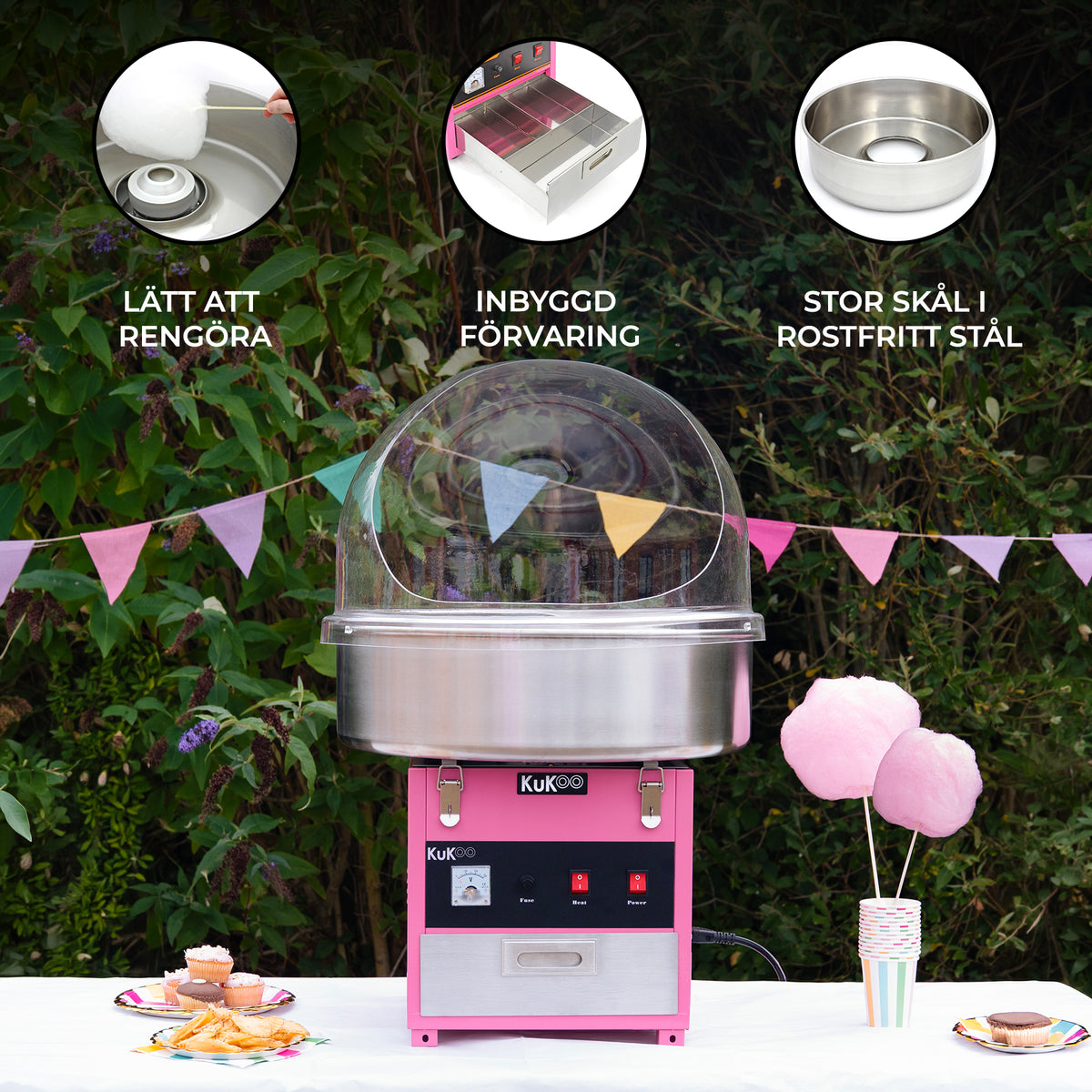 KuKoo sockervaddsmaskin i rosa med skyddskupa, rostfri skål och knappar, perfekt för festligheter och lätt att rengöra