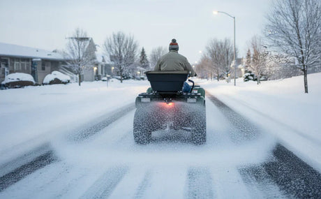 En person kör en ATV med en spridare, som sprider snö över en vinterväg omgiven av snötäckta hus och träd