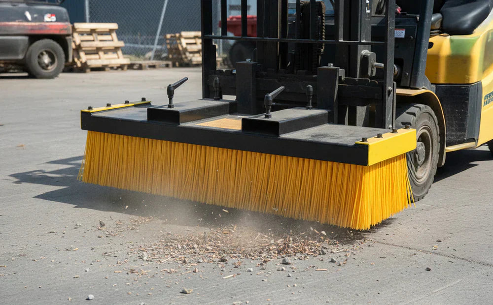 En truckborste med gul borste och svart ram, rengör en betongyta från skräp och damm, perfekt för industriell användning