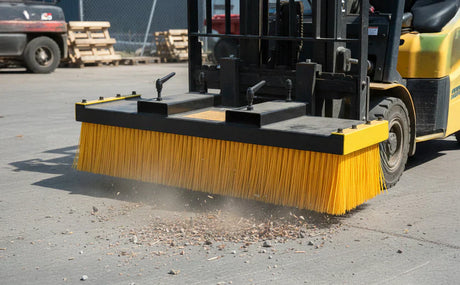 En truckborste med gul borste och svart ram, rengör en betongyta från skräp och damm, perfekt för industriell användning