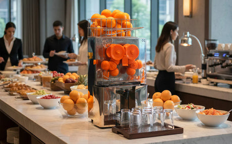 Kommersiell citruspress i rostfritt stål med orangea apelsiner, omgiven av frukter och buffé på ett elegant serveringsbord