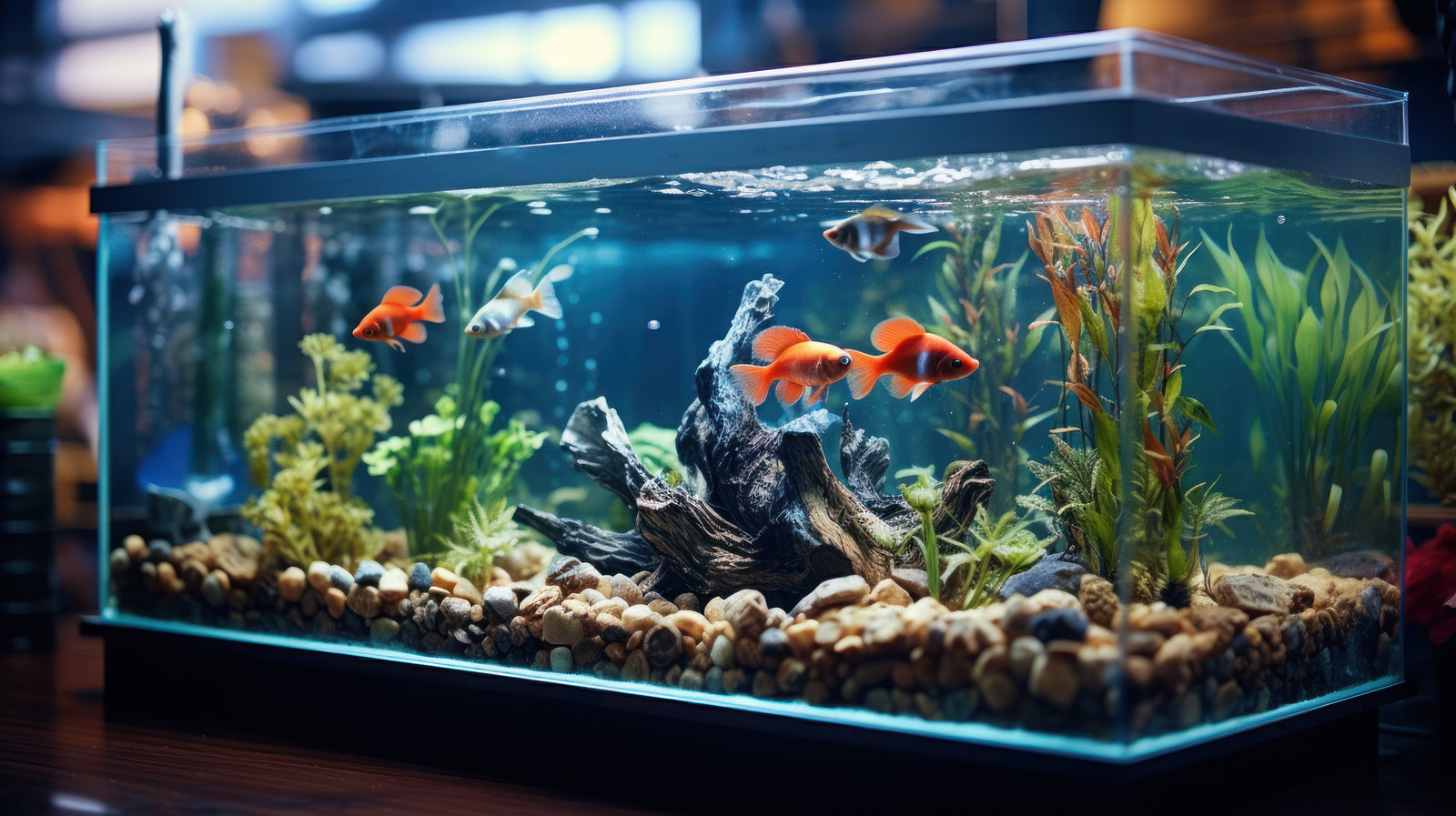 Ett färgglatt akvarium med orangea och vita fiskar simmande bland gröna växter och stenar på botten, skapar en lugn atmosfär