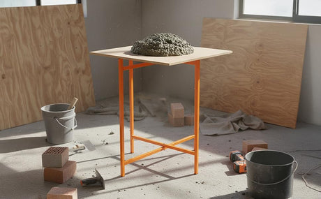 Ett murbrädesstativ med en grå betongklump på en träskiva, omgiven av byggmaterial och verktyg i en ljus, oordnad miljö