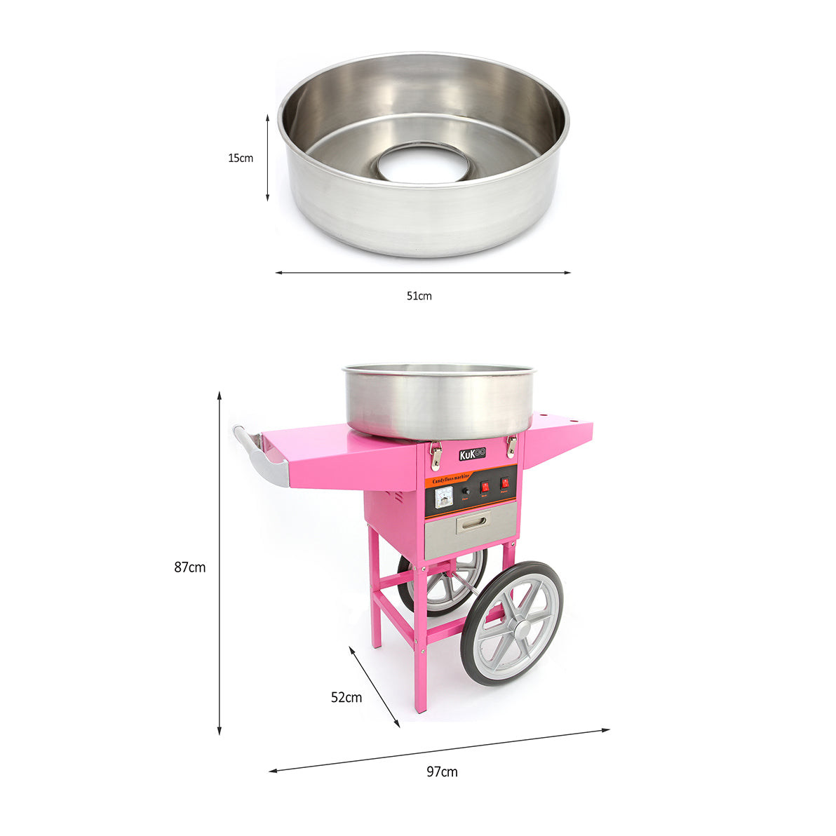 En rosa sockervaddsapparat med en stor, rund, metallskål, mått 51 cm i diameter och 15 cm djup, på en stabil vagn med hjul