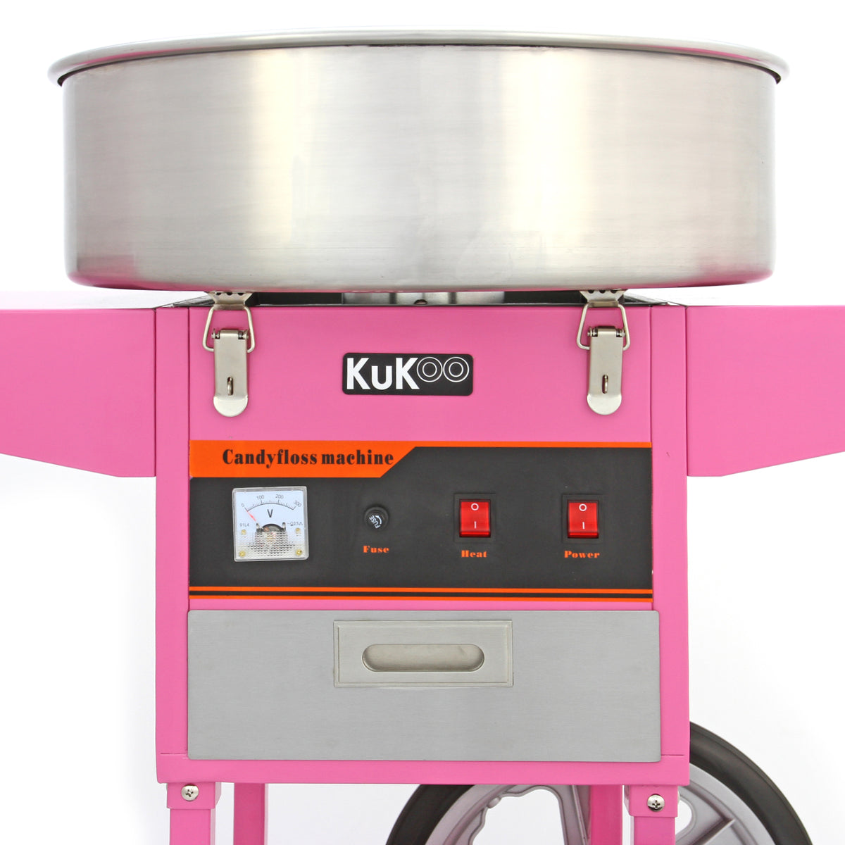 Rosa sockervaddsmaskin med en stor metallskål, kontrollpanel med knappar för värme och kraft, samt en mätare för temperatur