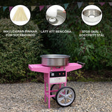 Rosa sockervaddsapparat med rostfri skål, stora hjul och rengöringsvänlig design, perfekt för fest och evenemang