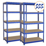 2 x T-RAX hyllenheter i blå metall 75 cm x 150 cm x 30 cm med gratis ihopkopplingsfästen