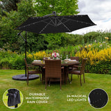 Svart 3m LED Cantilever Parasoll med Solfjäderformad Bas