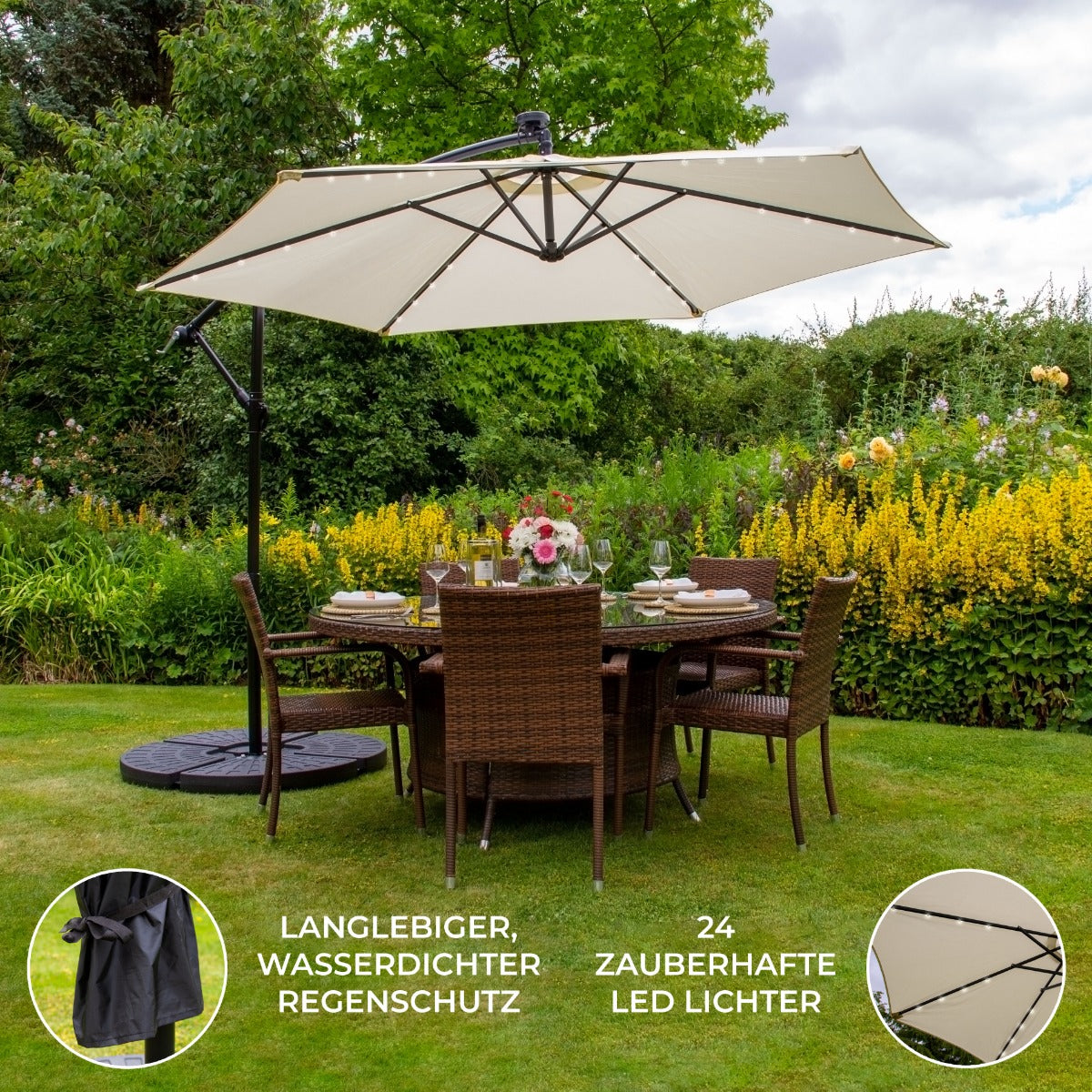 Gräddvitt 3m LED Cantilever Parasoll med Solfjäderformad Bas