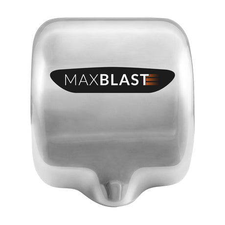 Handtork i rostfritt stål med en slät yta och logotypen MAXBLAST, designad för effektiv och snabb torkning av händer