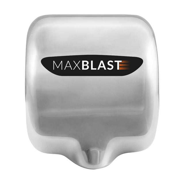 Kommersiell handtork i rostfritt stål med slät yta och HEPA-filter, logotypen Maxblast syns tydligt på framsidan