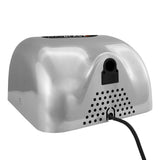 Kommersiell handtork i silverfärgad metall med rundad form, HEPA-filter och synlig kabel för enkel installation och användning