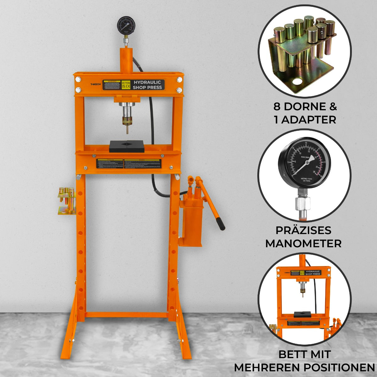 Hydraulisk Verkstadspress med Manometer - 20 Ton