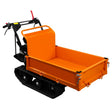Bensindriven minidumper med orange korg, svart band och ergonomiskt handtag, perfekt för transport av material på ojämn terräng