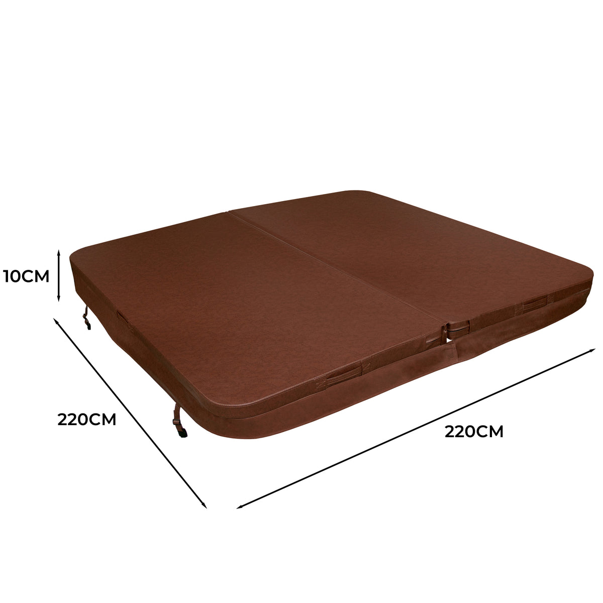 Brun, fyrkantig madrass med måtten 220 cm x 220 cm och 10 cm tjock, med slitstark yta och praktiska fästen på sidorna