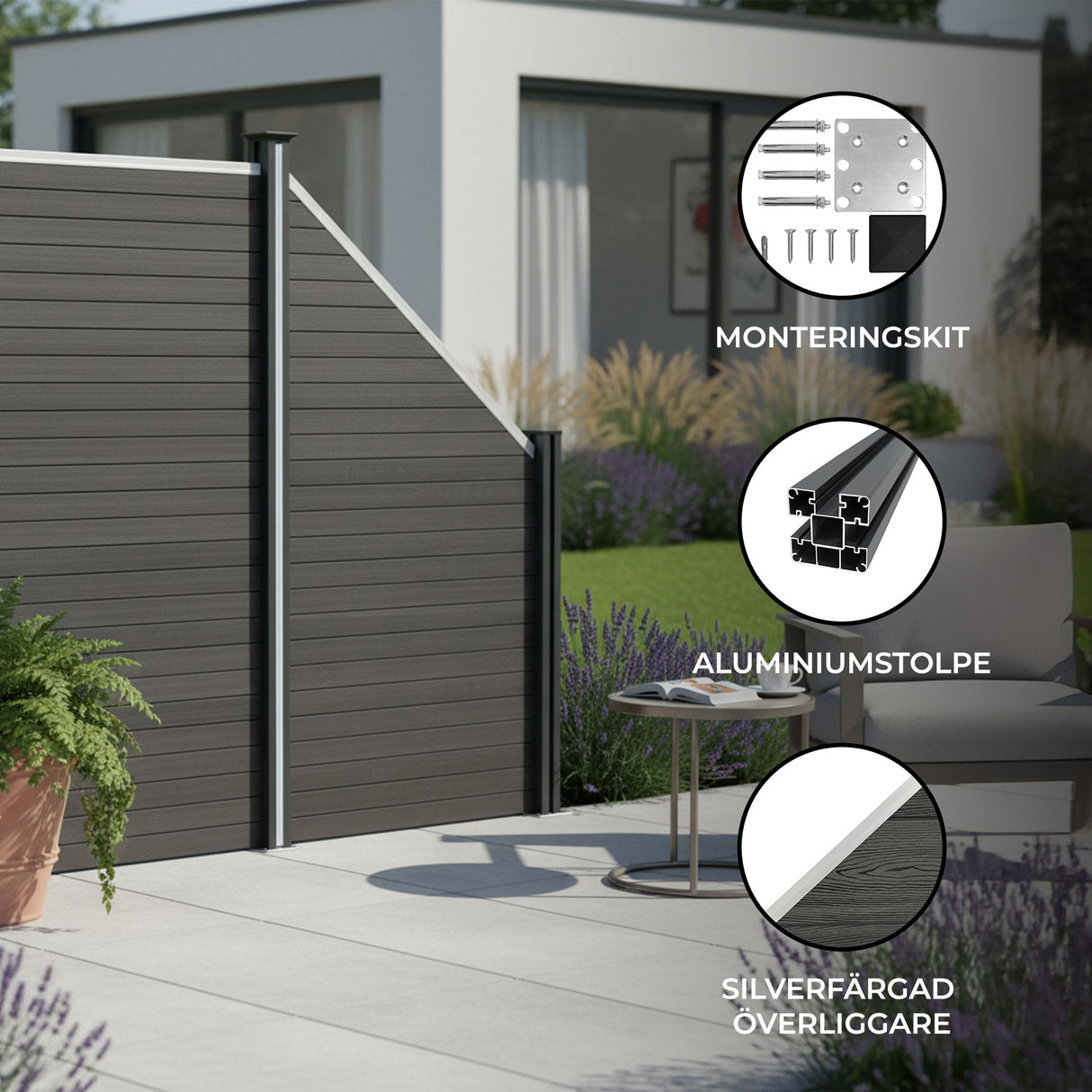 Staket för utomhusbruk i WPC och aluminium – 1x sned panel + 1 stolpar | Grå