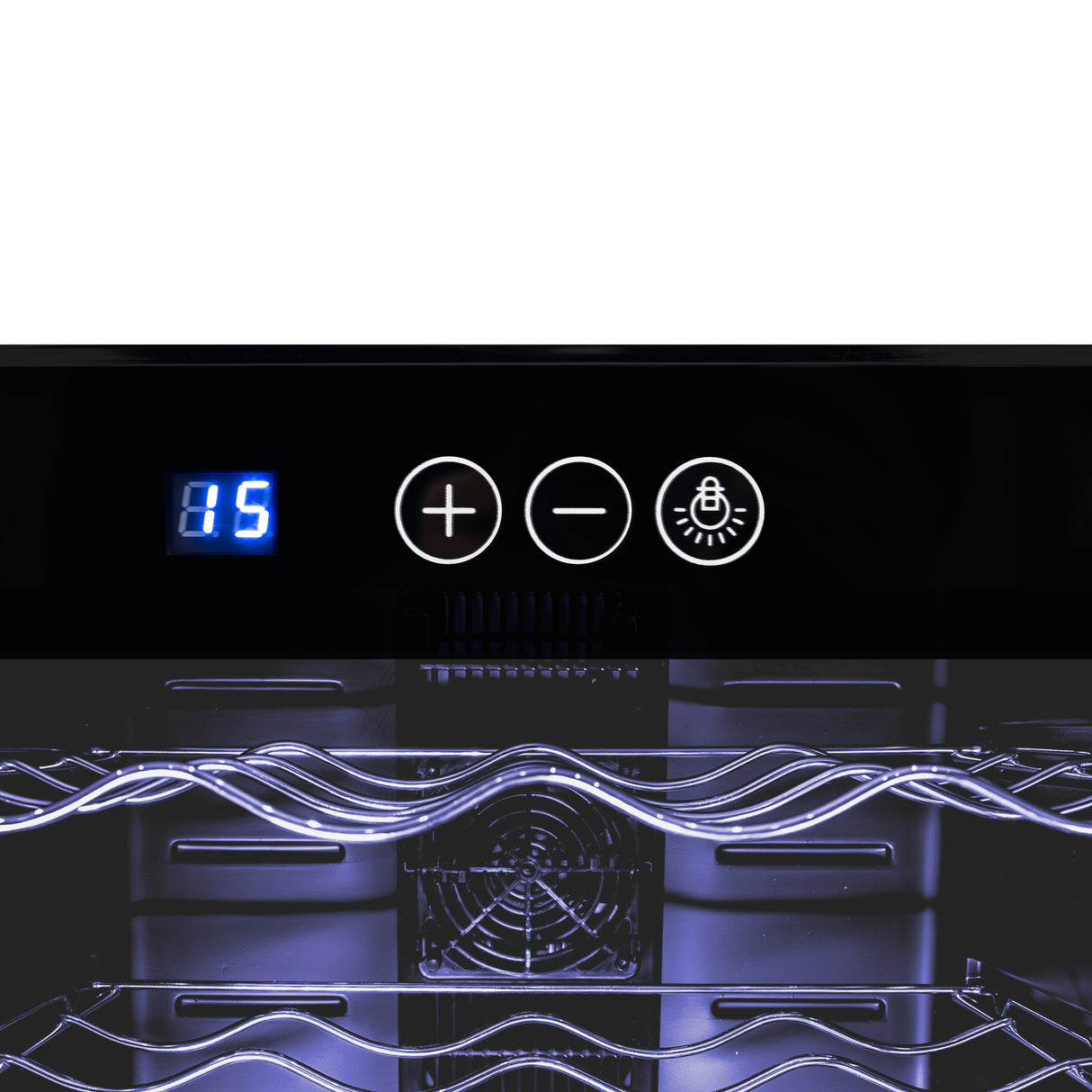 Svart LED-kommersiell vinkylare med digital temperaturdisplay och justerbara hyllor för flaskor, elegant design och blå belysning