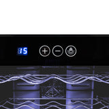 Svart LED-kommersiell vinkylare med digital temperaturdisplay och justerbara hyllor för flaskor, elegant design och blå belysning