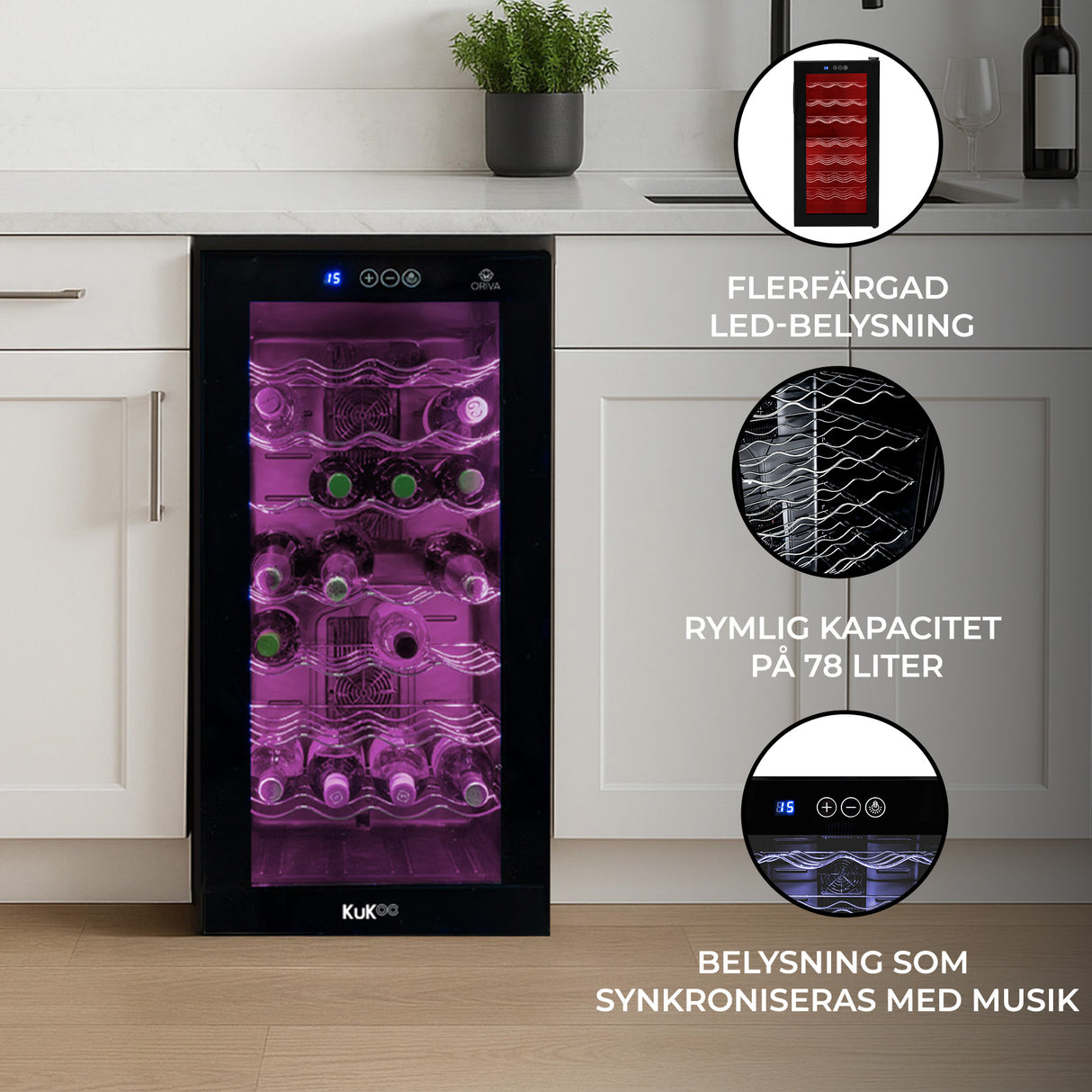 Kommersiell vinkylare med flerfärgad LED-belysning, svart ram, 78 liters kapacitet och synkroniserad belysning med musik