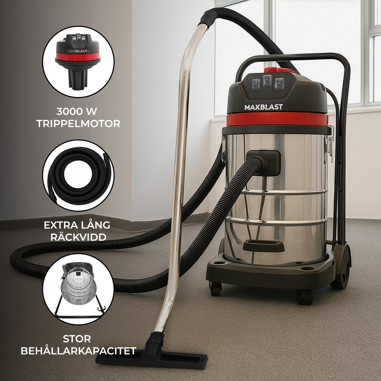 80L Maxblast Våt - Torr Industridammsugare (extra lång 5 m slang)