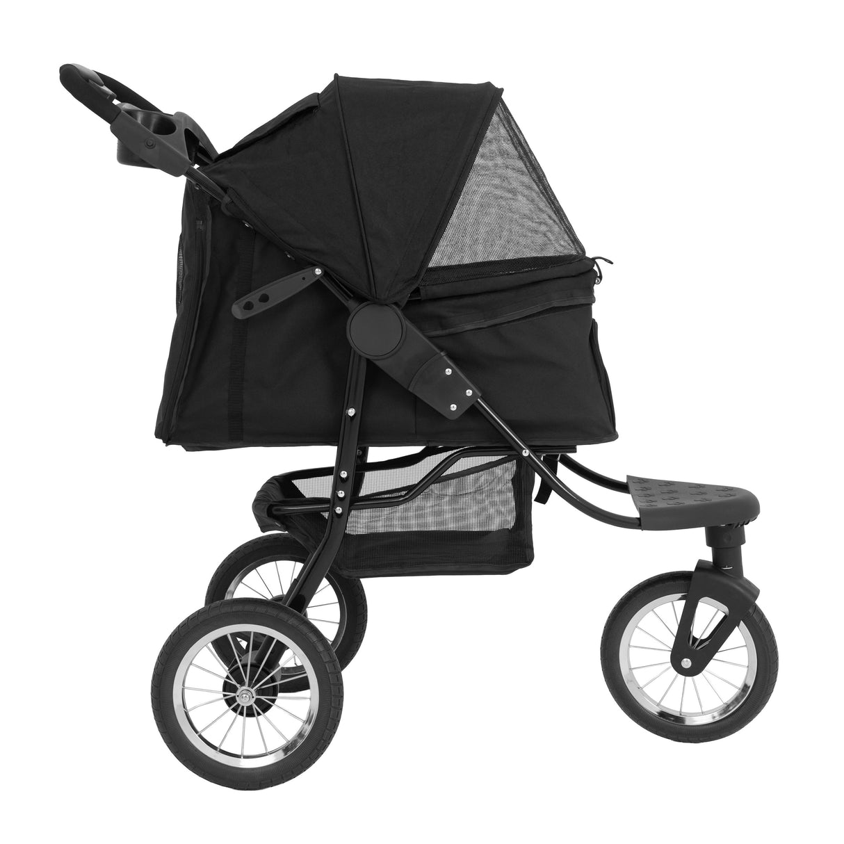 Svart husdjursvagn med mesh-fönster, stora hjul och justerbart handtag, perfekt för bekväm transport av husdjur