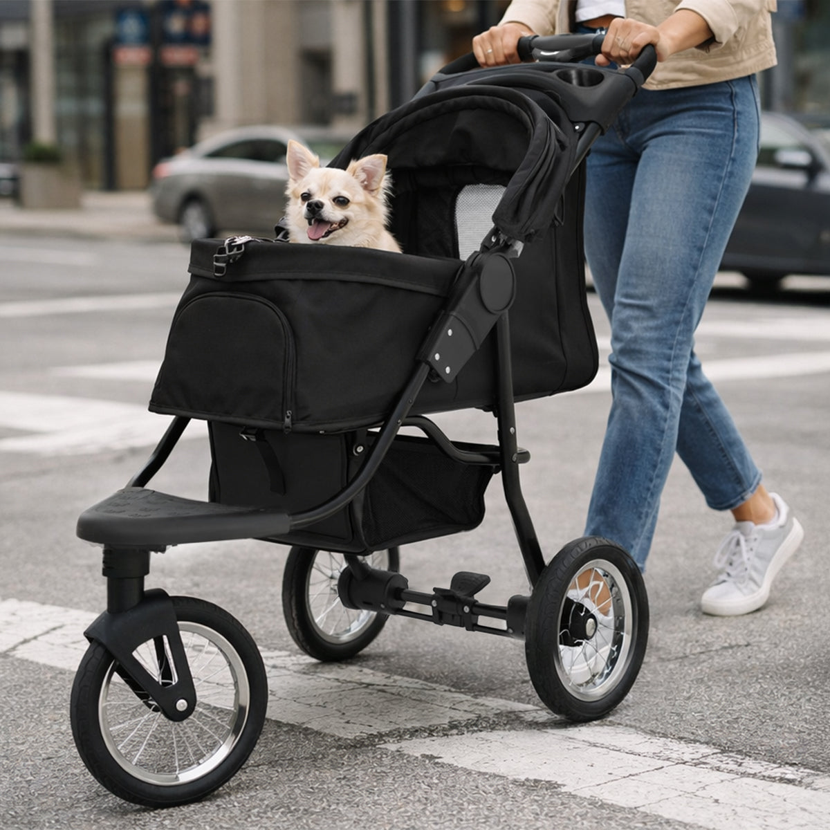 Svart husdjursvagn med en glad hund i korgen, stora hjul för enkel manövrering på gatan, bekväm och stilren design