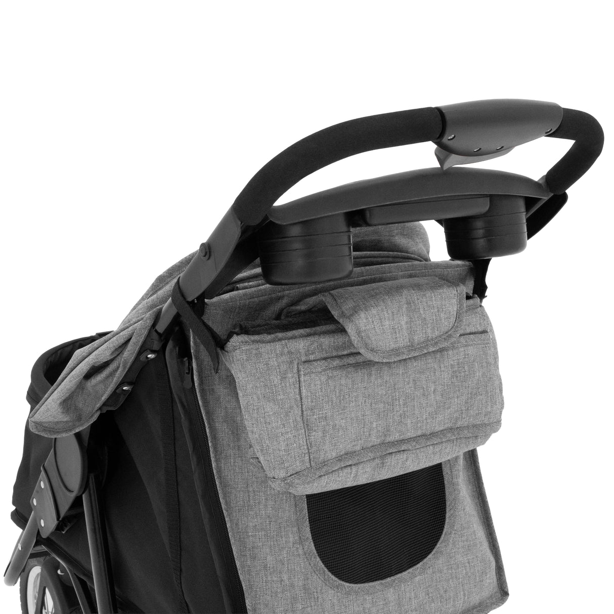 Grå husdjursvagn med mjukt tyg, ergonomiskt handtag och praktisk ficka för förvaring, perfekt för promenader med ditt husdjur