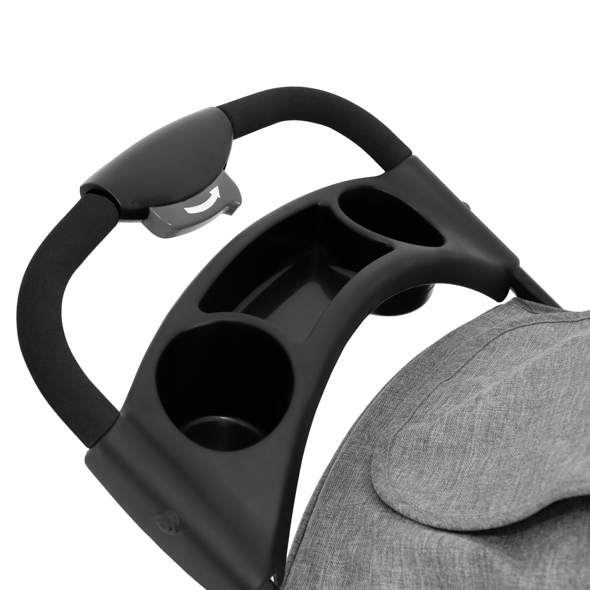 Grå husdjursvagn med ergonomiskt handtag, två kopphållare och mjuk, slitstark tygstruktur för komfort och hållbarhet