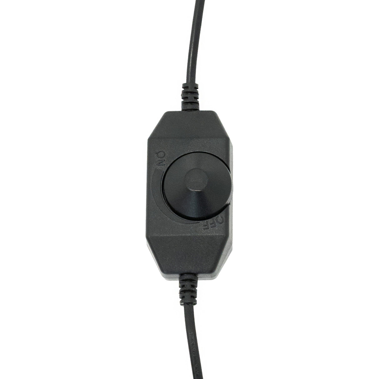 Svart strömbrytare med en rund ratt för att justera ljusstyrka, ansluten till en kabel för LED-ringlampa för dart