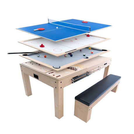 7-i-1 spelbord i ek med förvaringsbänk, flera spelplaner i olika färger och material, inklusive blått och grått, med detaljerade spelkomponenter