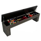 Grått 7-i-1 spelbord med förvaringsbänk, öppet lock som visar färgglada spelkomponenter och leksaker inuti bänken