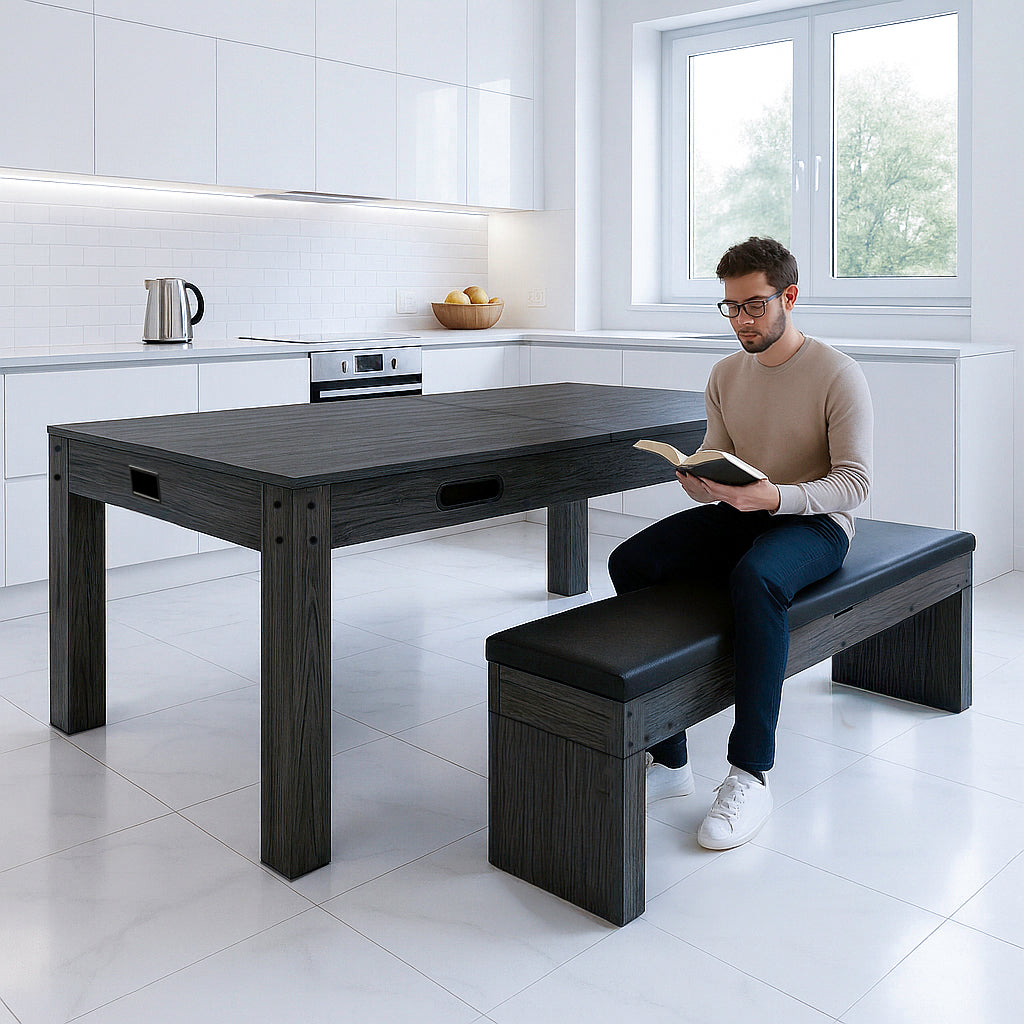 Grått 7-i-1 spelbord med förvaringsbänk, modern design, släta ytor och stilren finish, perfekt för spel och måltider