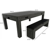 Grått 7-i-1 spelbord med förvaringsbänk, rektangulär form, robust trästruktur och mått 206x112 cm, bänk 160x30 cm