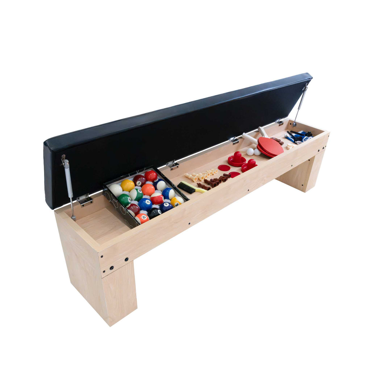 Spelbord i ek med förvaringsbänk, svart klädsel, och färgglada spelkomponenter som bollar och paddlar inuti bänken