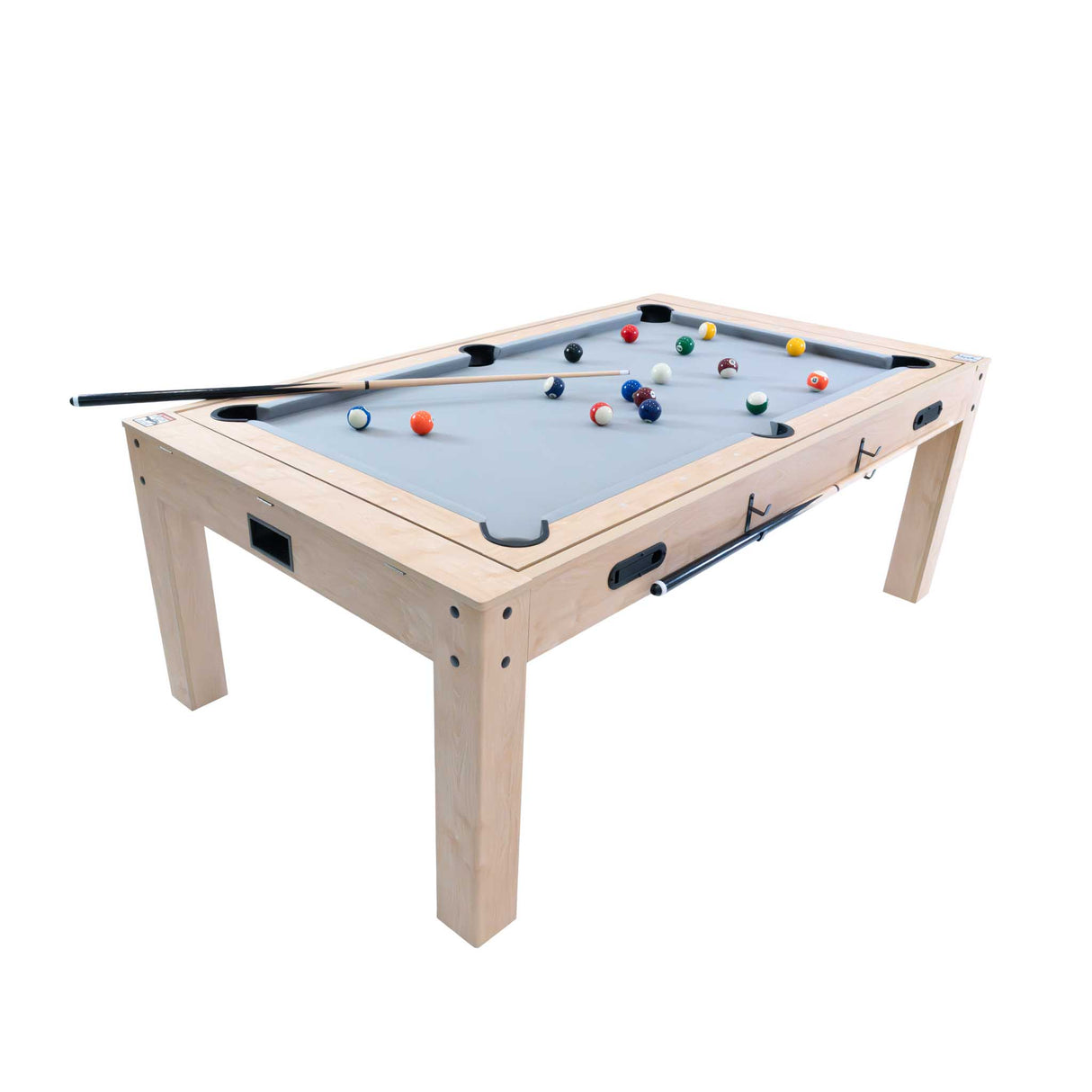 Spelbord i ek med grå filt, bollar och kö, perfekt för spel och förvaring, robust design med fyra ben
